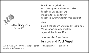 Traueranzeige von Lotte Bogucki von Stadtspiegel Gladbeck