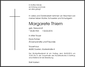 Traueranzeige von Margarete Thiem von Stadtspiegel Bottrop