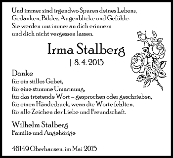 Traueranzeige von Irma Stalberg von Wochen-Anzeiger Oberhausen