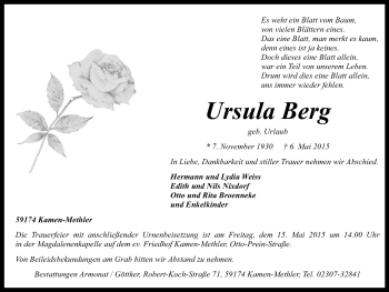 Traueranzeige von Ursula Berg von Stadtspiegel Kamen + Unna
