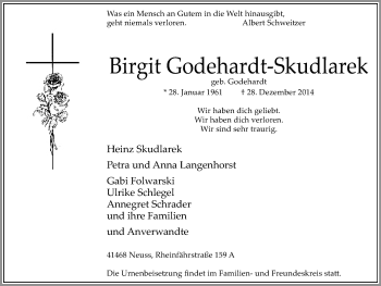 Traueranzeige von Birgit Godehardt-Skudlarek von WVW Anzeigenblätter