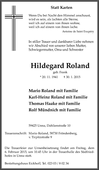Traueranzeige von Hildegard Roland von Stadtspiegel Kamen + Unna