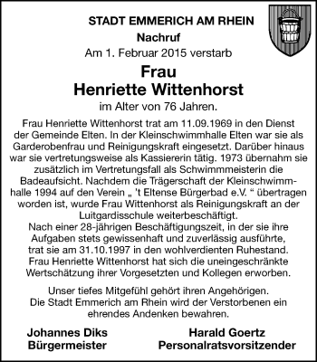 Traueranzeige von Henriette Wittenhorst von Stadtanzeiger Emmerich/Rees/Isselburg