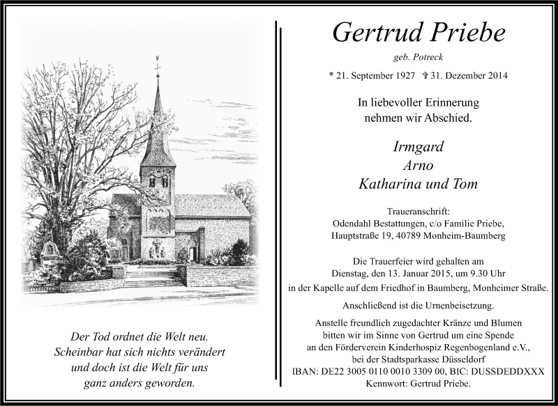  Traueranzeige für Gertrud Priebe vom 10.01.2015 aus Wochen-Anzeiger Langenfeld/Monheim/Hilden