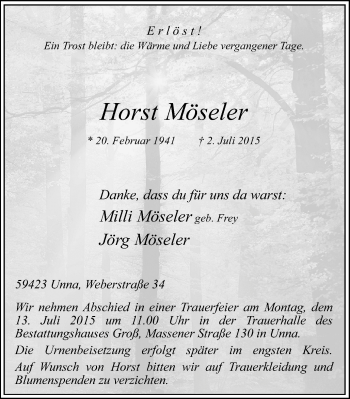Traueranzeige von Horst Möseler von Stadtspiegel Kamen + Unna