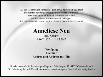 Traueranzeige von Anneliese Neu von Stadtanz.Castrop-Rauxel