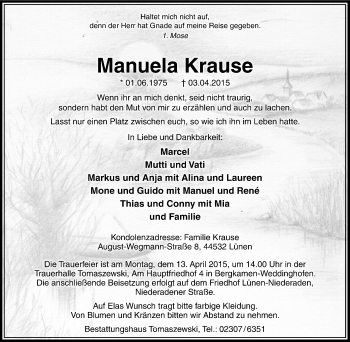 Traueranzeige von Manuela Krause von Lüner Anzeiger