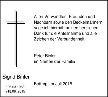 Traueranzeige von Sigrid Bihler von Stadtspiegel Bottrop