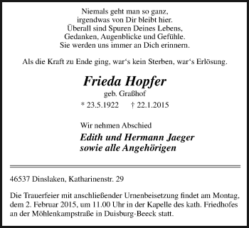 Traueranzeige von Frieda Hopfer von Wochen-Anzeiger Duisburg