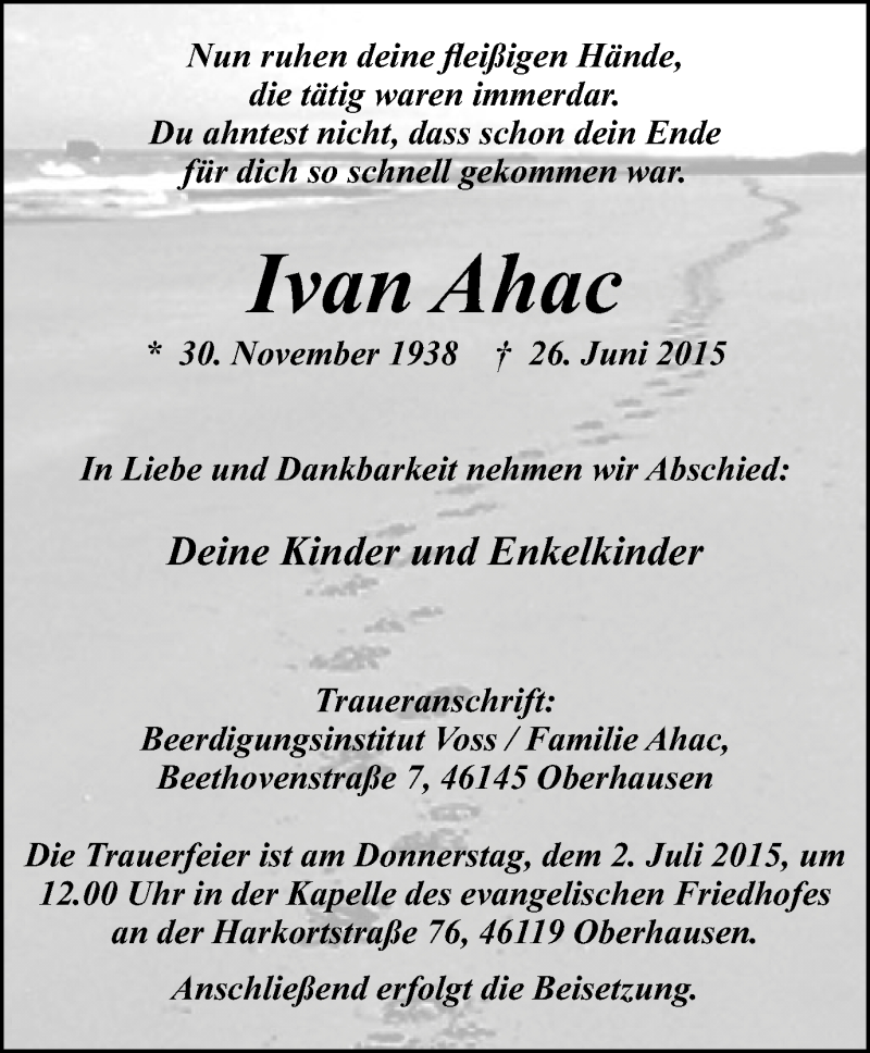  Traueranzeige für Ivan Ahac vom 01.07.2015 aus Wochen-Anzeiger Oberhausen