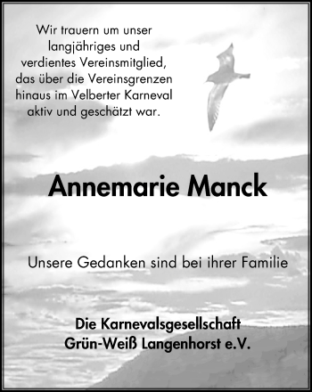 Traueranzeige von Annemarie Manck von Stadtanzeiger Velbert + Heiligenhaus