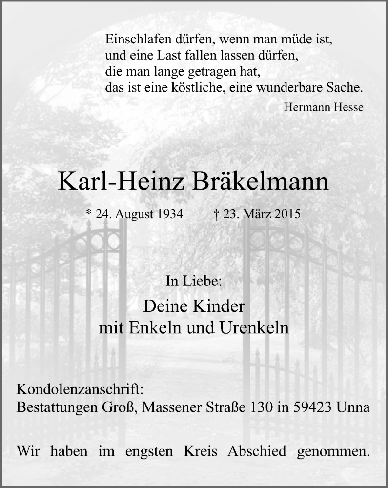  Traueranzeige für Karl-Heinz Bräkelmann vom 01.04.2015 aus Stadtspiegel Kamen + Unna