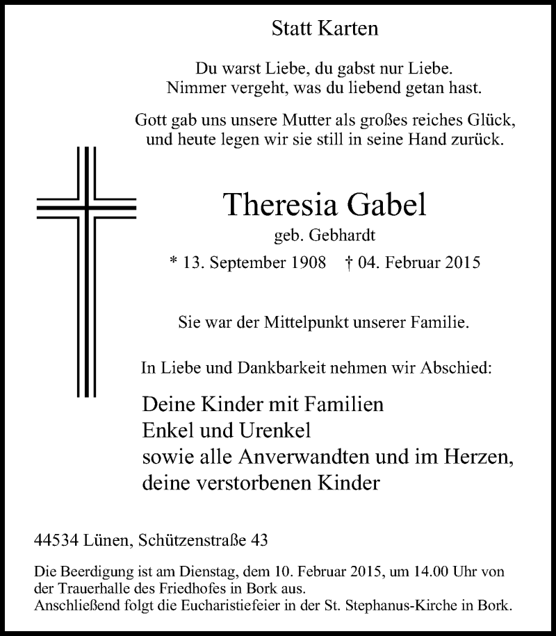  Traueranzeige für Theresia Gabel vom 07.02.2015 aus Lüner Anzeiger