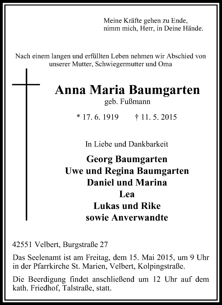  Traueranzeige für Anna Maria Baumgarten vom 13.05.2015 aus Stadtanzeiger Velbert + Heiligenhaus