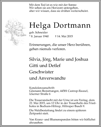 Traueranzeige von Helga Dortmann von Wochenblatt Herne/Wanne-Eickel