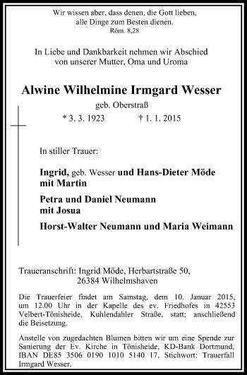 Traueranzeige von Alwine Wilhelmine Irmgard Wesser von WVW Anzeigenblätter