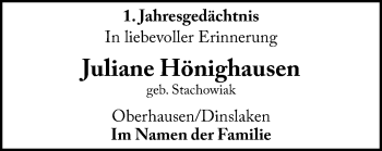Traueranzeige von Juliane Hönighausen von Wochen-Anzeiger Oberhausen