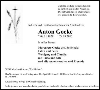 Traueranzeige von Anton Goeke von Stadtspiegel Menden + Froendenberg