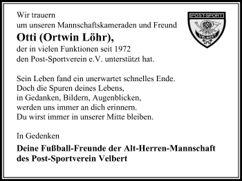 Traueranzeige von Ortwin Löhr von Stadtanzeiger Velbert + Heiligenhaus