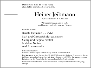 Traueranzeige von Heiner Jeibmann von Stadtanz.Castrop-Rauxel