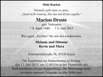 Traueranzeige von Marion Droste von Nord Anzeiger Essen
