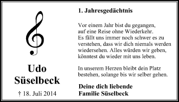 Traueranzeige von Udo Süselbeck von Wochen-Anzeiger Oberhausen