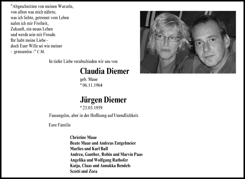  Traueranzeige für Claudia und Jürgen Diemer vom 01.04.2015 aus Mülheimer Woche