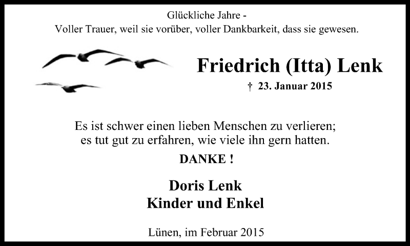  Traueranzeige für Friedrich Lenk vom 28.02.2015 aus Lüner Anzeiger