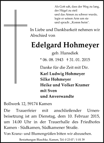 Traueranzeige von Edelgard Hohmeyer von Stadtspiegel Kamen + Unna