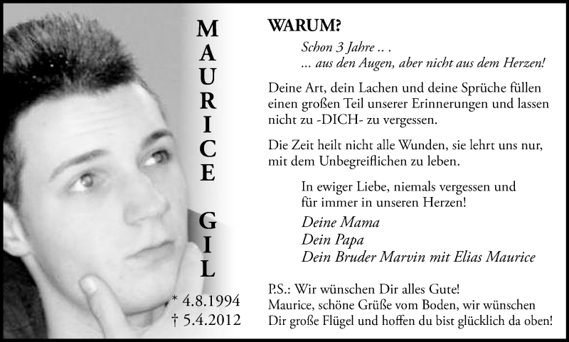  Traueranzeige für Maurice Gil vom 04.04.2015 aus Wochen-Anzeiger Oberhausen