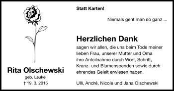 Traueranzeige von Rita Olschewski von Stadtspiegel Bottrop