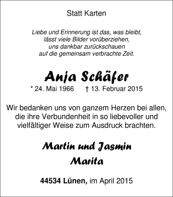 Traueranzeige von Anja Schäfer von Lüner Anzeiger