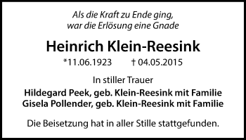 Traueranzeige von Heinrich Klein-Reesink von Wochen-Anzeiger Oberhausen