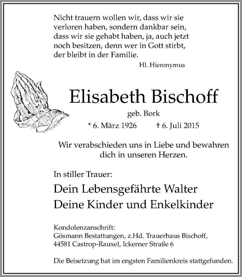  Traueranzeige für Elisabeth Bischoff vom 11.07.2015 aus Stadtanz.Castrop-Rauxel