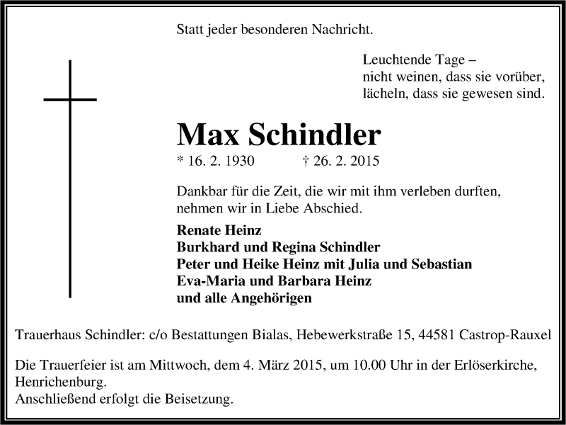  Traueranzeige für Max Schindler vom 28.02.2015 aus Stadtanz.Castrop-Rauxel