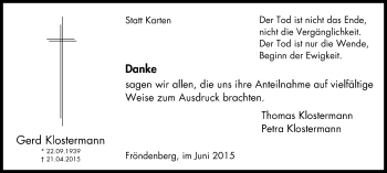 Traueranzeige von Gerd Klostermann von Stadtspiegel Menden + Froendenberg