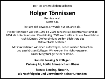 Traueranzeige von Holger Tönnissen von Stadtanzeiger Emmerich/Rees/Isselburg + Klever Wochenblatt