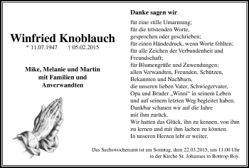 Traueranzeige von Winfried Knoblauch von Stadtspiegel Bottrop