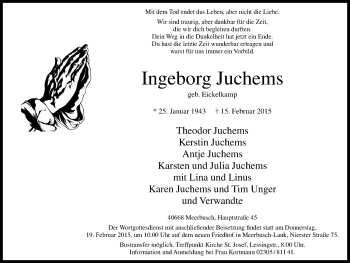 Traueranzeige von Ingeborg Juchems von Stadtanz.Castrop-Rauxel