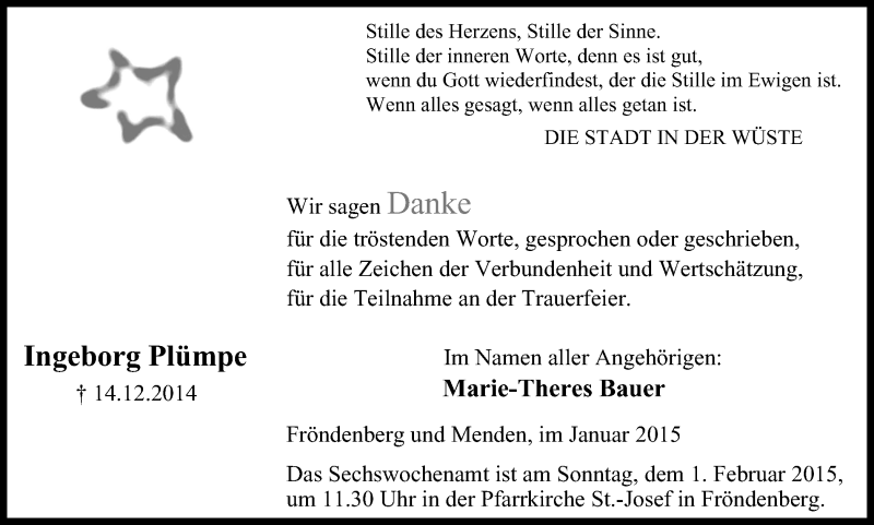  Traueranzeige für Ingeborg Plümpe vom 25.01.2015 aus Stadtspiegel Menden + Froendenberg