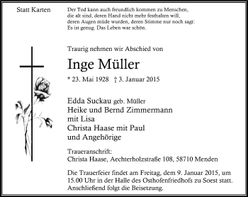 Traueranzeige von Inge Müller von WVW Anzeigenblätter