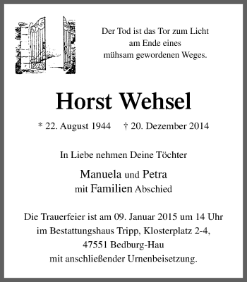 Traueranzeige von Horst Wehsel von WVW Anzeigenblätter