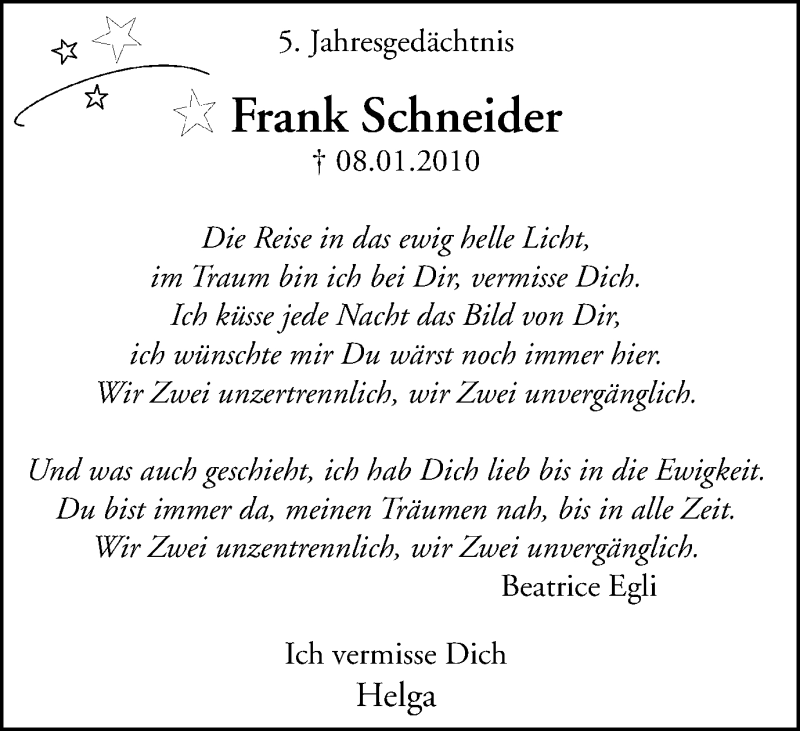  Traueranzeige für Frank Schneider vom 07.01.2015 aus WVW Anzeigenblätter