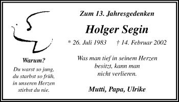 Traueranzeige von Holger Segin von WVW Anzeigenblätter