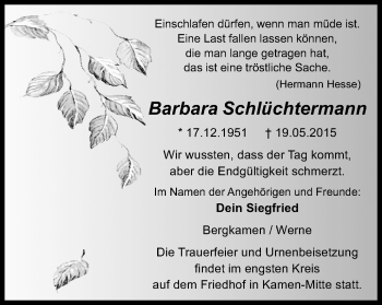 Traueranzeige von Barbara Schlüchtermann von Stadtspiegel Kamen + Unna