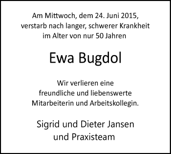 Traueranzeige von Ewa Bugdol von Stadtspiegel Bottrop