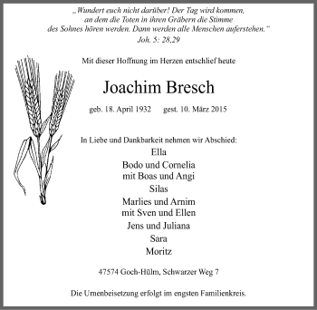 Traueranzeige von Joachim Bresch von Gocher Wochenblatt