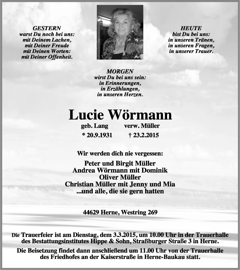  Traueranzeige für Lucie Wörmann vom 28.02.2015 aus Wochenblatt Herne/Wanne-Eickel