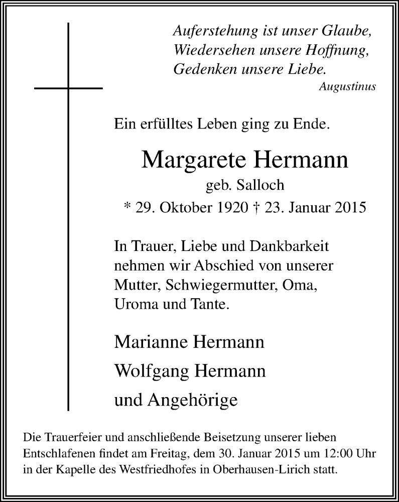  Traueranzeige für Margarete Hermann vom 28.01.2015 aus Wochen-Anzeiger Oberhausen