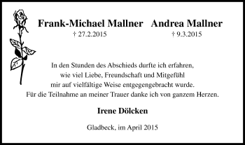 Traueranzeige von Andrea und Frank-Michael  Mallner von Stadtspiegel Gladbeck